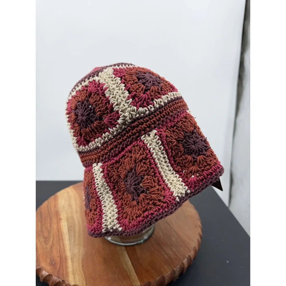 Lucky Brand Granny Square Crochet Bucket Hat Women One Size Burgundy Multi Boho